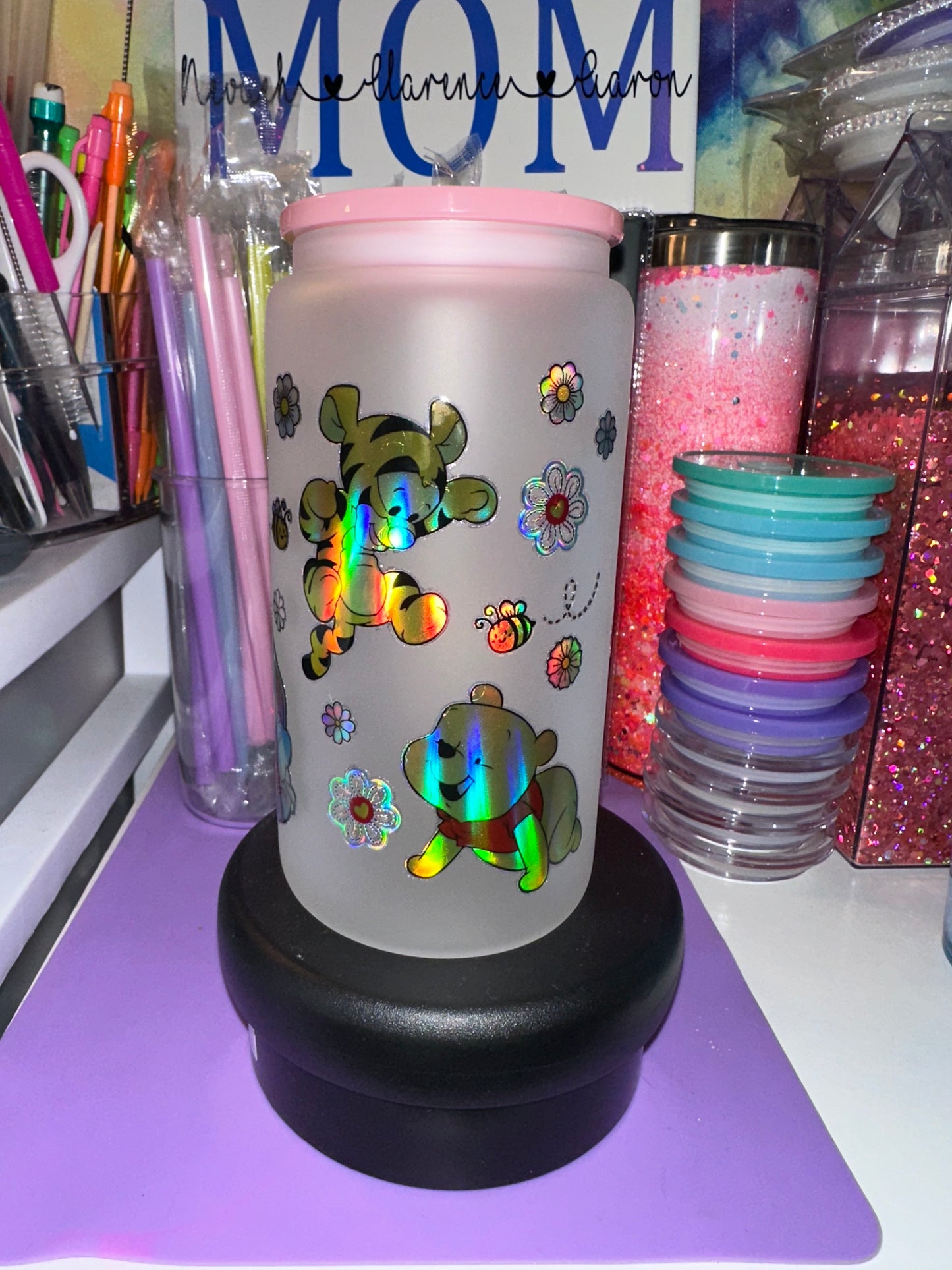 16oz frosted glass Pooh and friends holographic