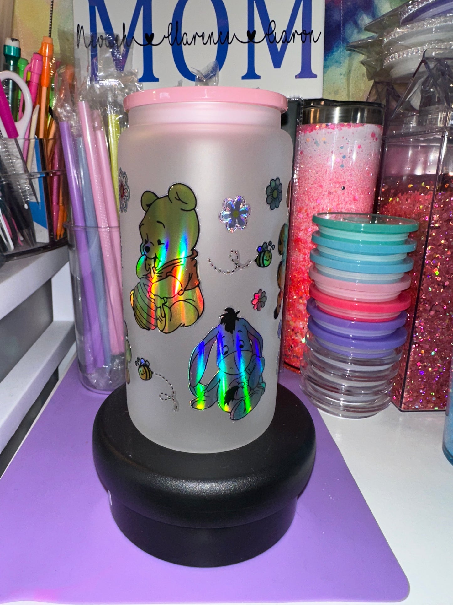 16oz frosted glass Pooh and friends holographic